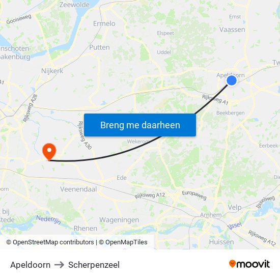 Apeldoorn to Scherpenzeel map