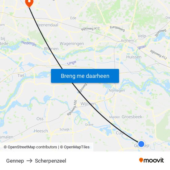 Gennep to Scherpenzeel map