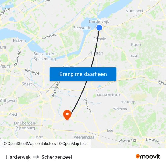 Harderwijk to Scherpenzeel map
