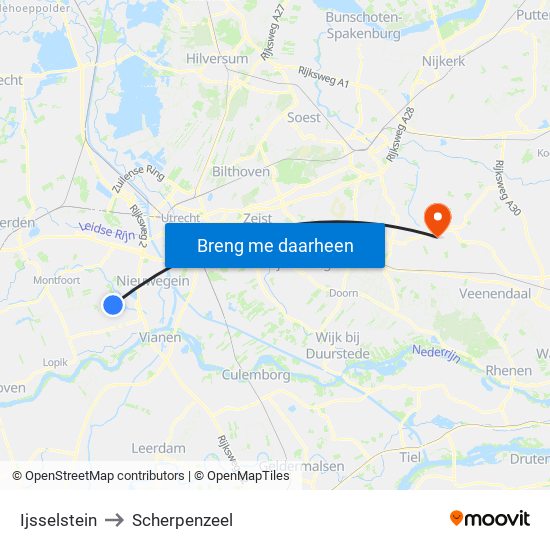 Ijsselstein to Scherpenzeel map