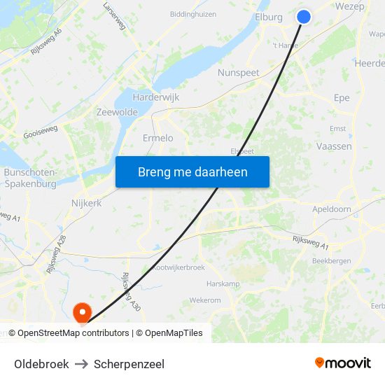 Oldebroek to Scherpenzeel map