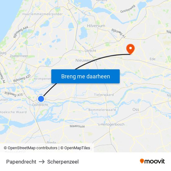 Papendrecht to Scherpenzeel map