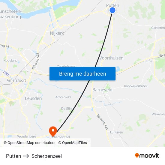 Putten to Scherpenzeel map