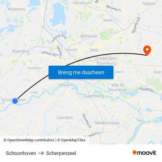 Schoonhoven to Scherpenzeel map