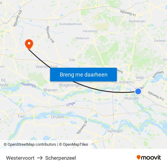 Westervoort to Scherpenzeel map