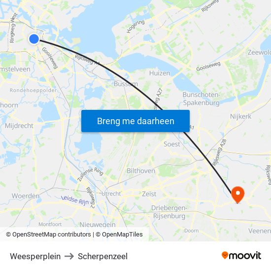 Weesperplein to Scherpenzeel map