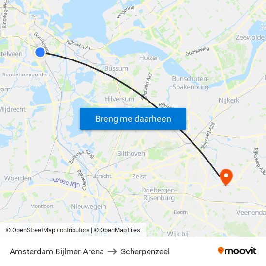 Amsterdam Bijlmer Arena to Scherpenzeel map