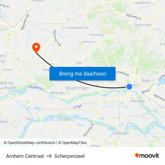 Arnhem Centraal to Scherpenzeel map