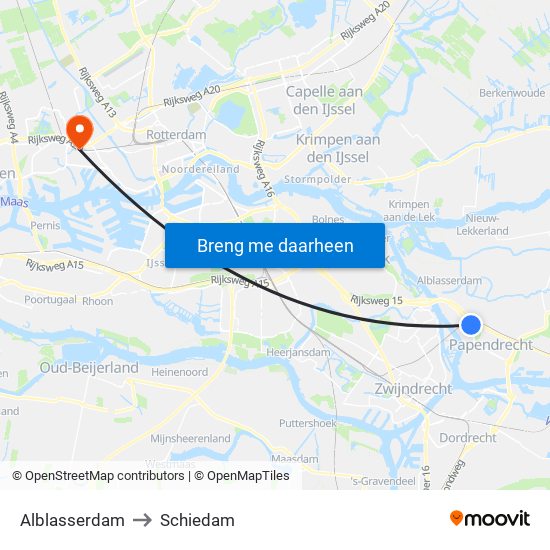 Alblasserdam to Schiedam map