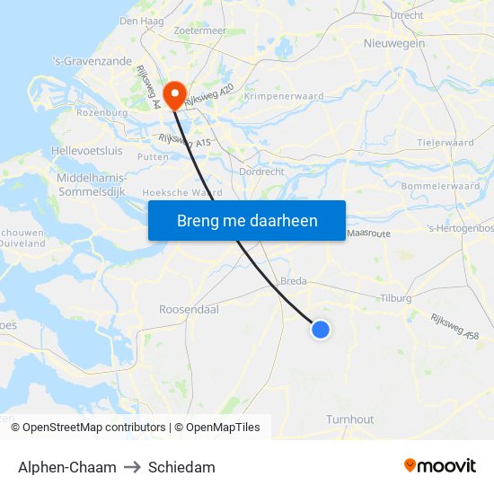 Alphen-Chaam to Schiedam map