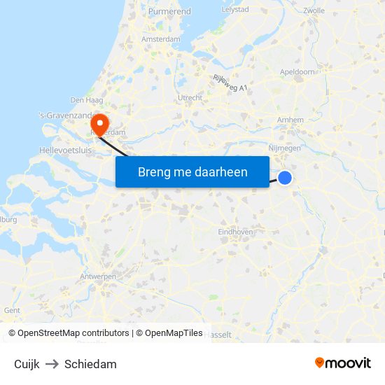Cuijk to Schiedam map