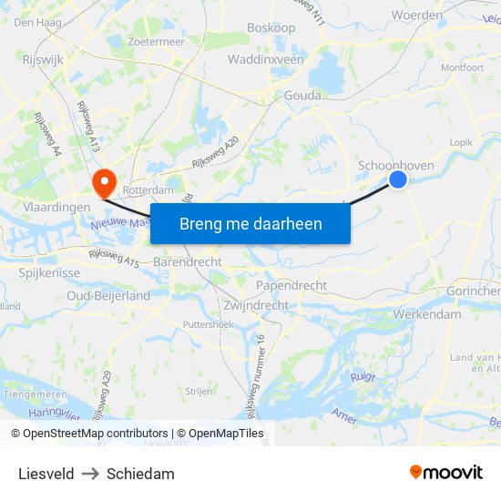 Liesveld to Schiedam map