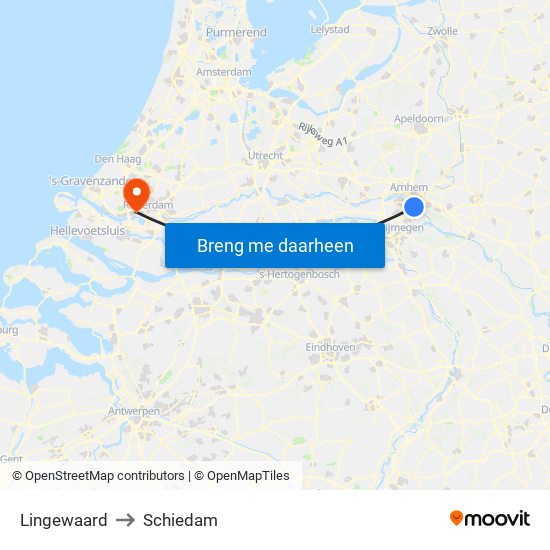 Lingewaard to Schiedam map