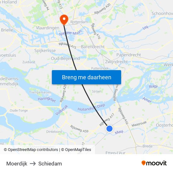 Moerdijk to Schiedam map