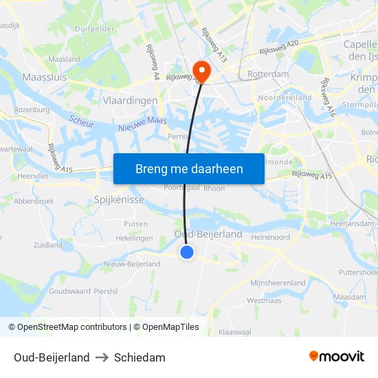 Oud-Beijerland to Schiedam map