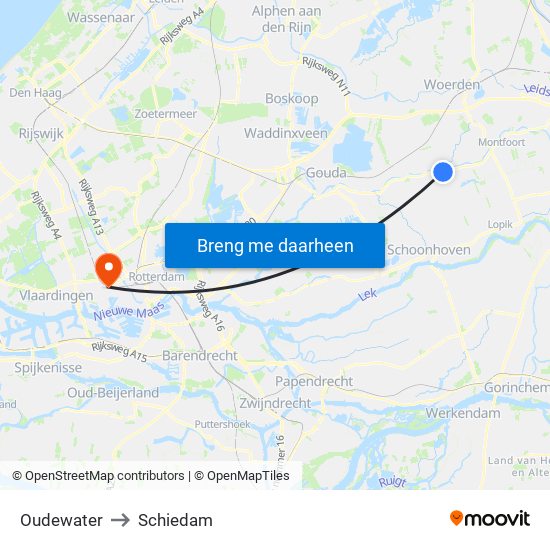 Oudewater to Schiedam map