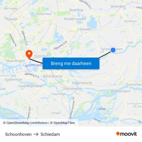 Schoonhoven to Schiedam map