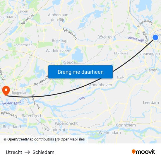 Utrecht to Schiedam map