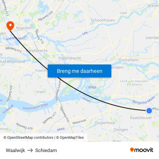 Waalwijk to Schiedam map