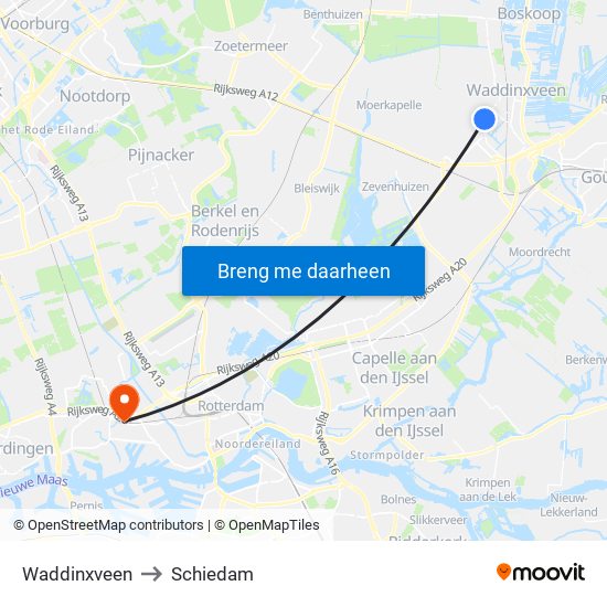 Waddinxveen to Schiedam map