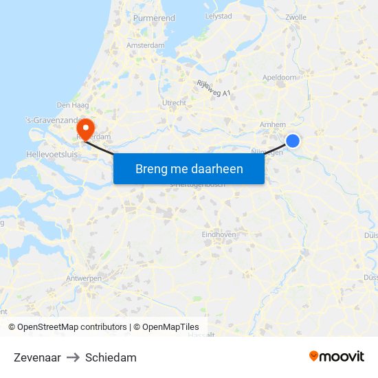 Zevenaar to Schiedam map