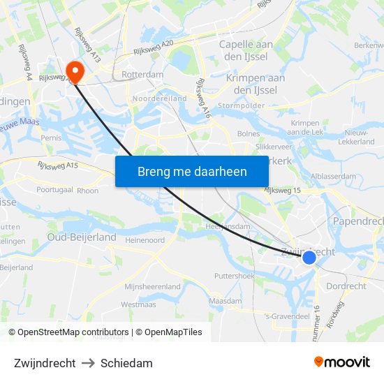 Zwijndrecht to Schiedam map