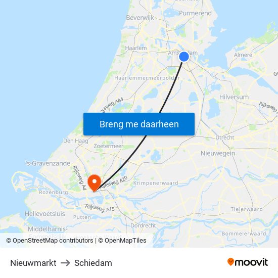 Nieuwmarkt to Schiedam map