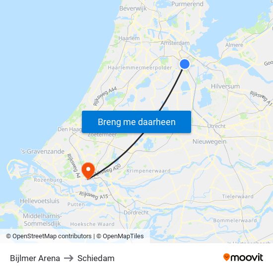 Bijlmer Arena to Schiedam map