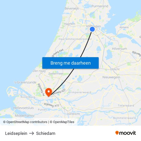 Leidseplein to Schiedam map