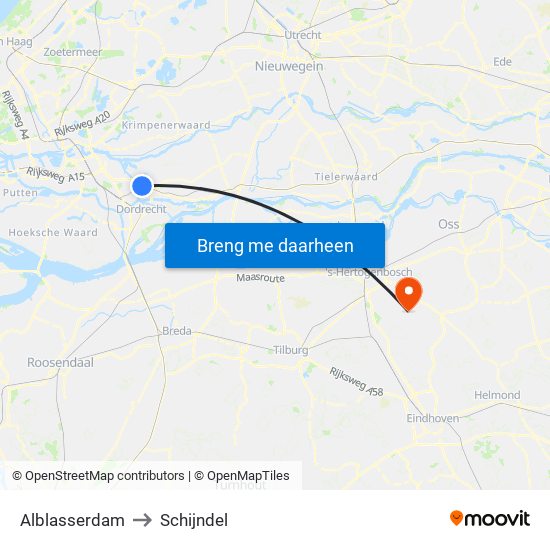 Alblasserdam to Schijndel map