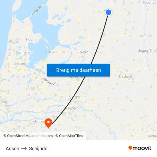 Assen to Schijndel map