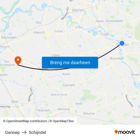Gennep to Schijndel map