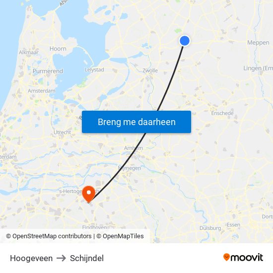 Hoogeveen to Schijndel map