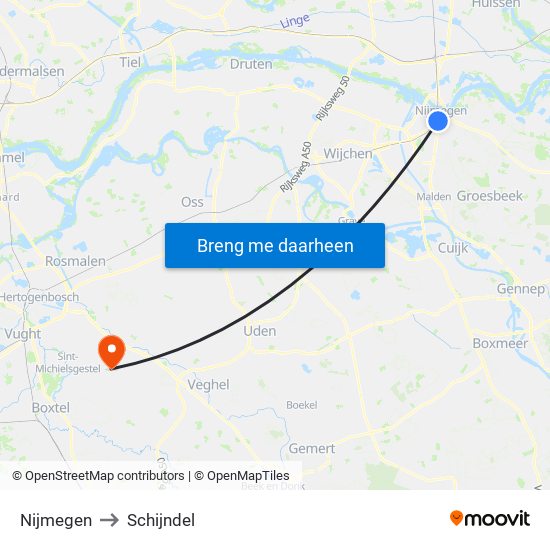 Nijmegen to Schijndel map