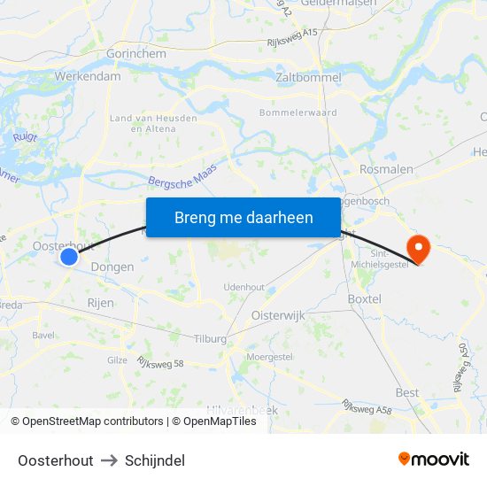 Oosterhout to Schijndel map