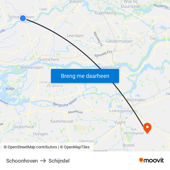 Schoonhoven to Schijndel map