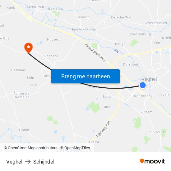 Veghel to Schijndel map