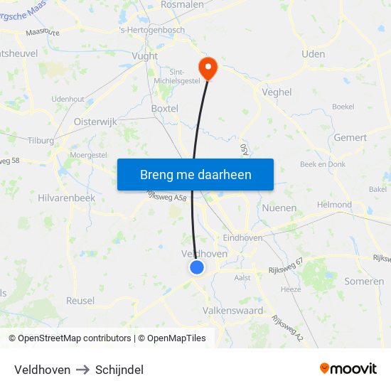 Veldhoven to Schijndel map