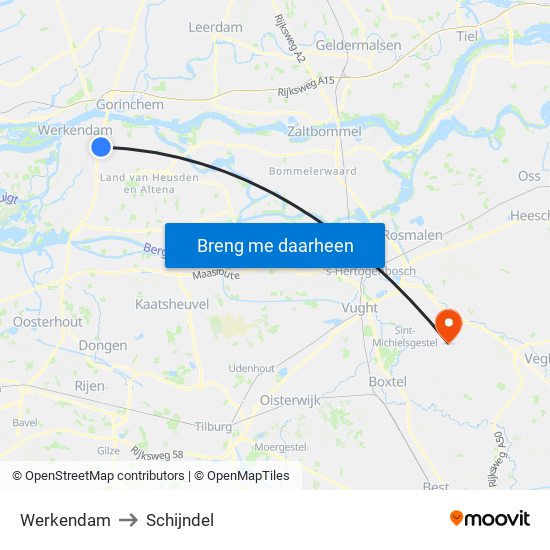 Werkendam to Schijndel map