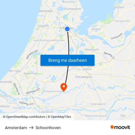 Amsterdam to Schoonhoven map