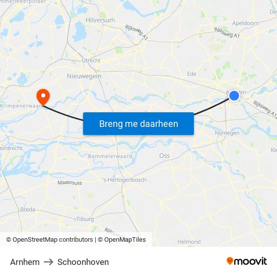 Arnhem to Schoonhoven map
