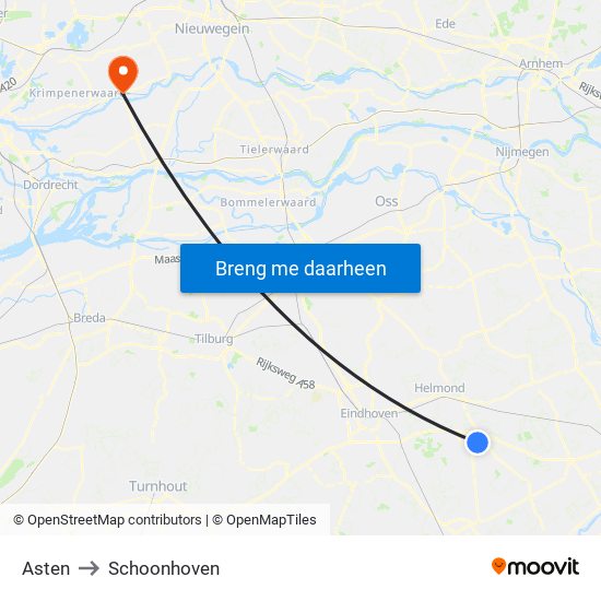Asten to Schoonhoven map