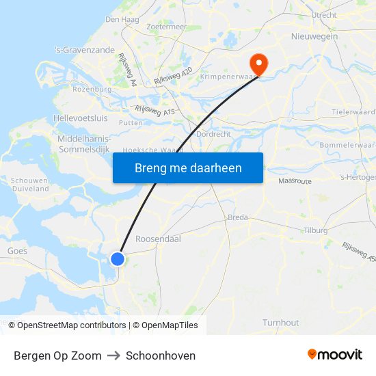 Bergen Op Zoom to Schoonhoven map