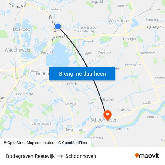 Bodegraven-Reeuwijk to Schoonhoven map