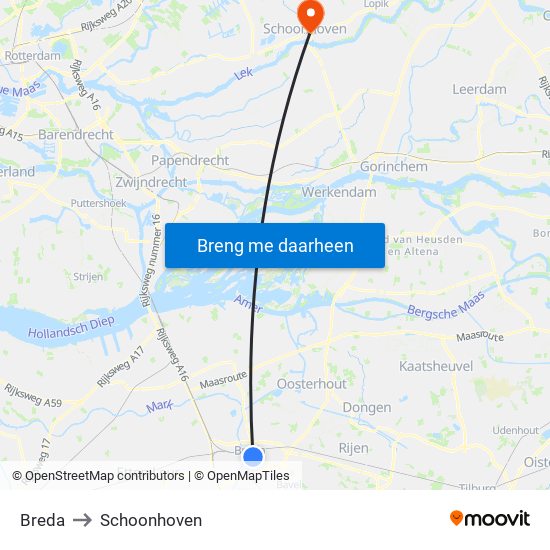 Breda to Schoonhoven map