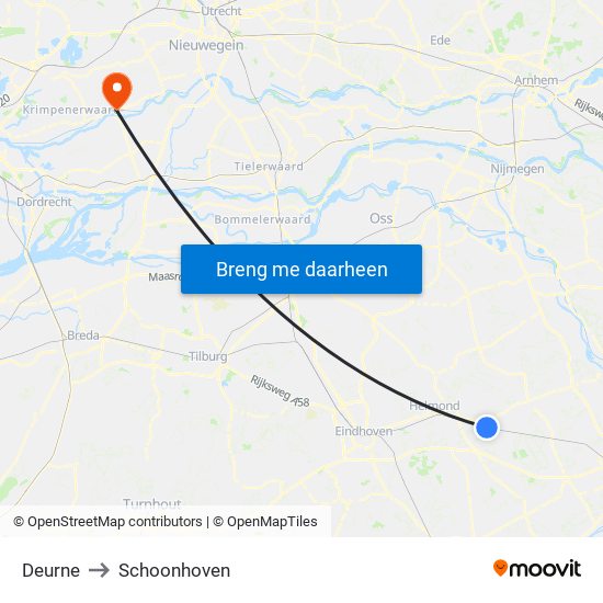 Deurne to Schoonhoven map