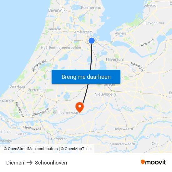 Diemen to Schoonhoven map