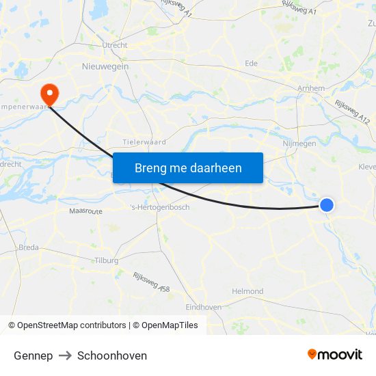 Gennep to Schoonhoven map