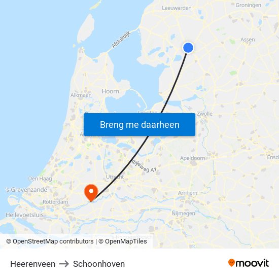 Heerenveen to Schoonhoven map