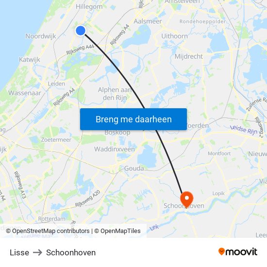 Lisse to Schoonhoven map